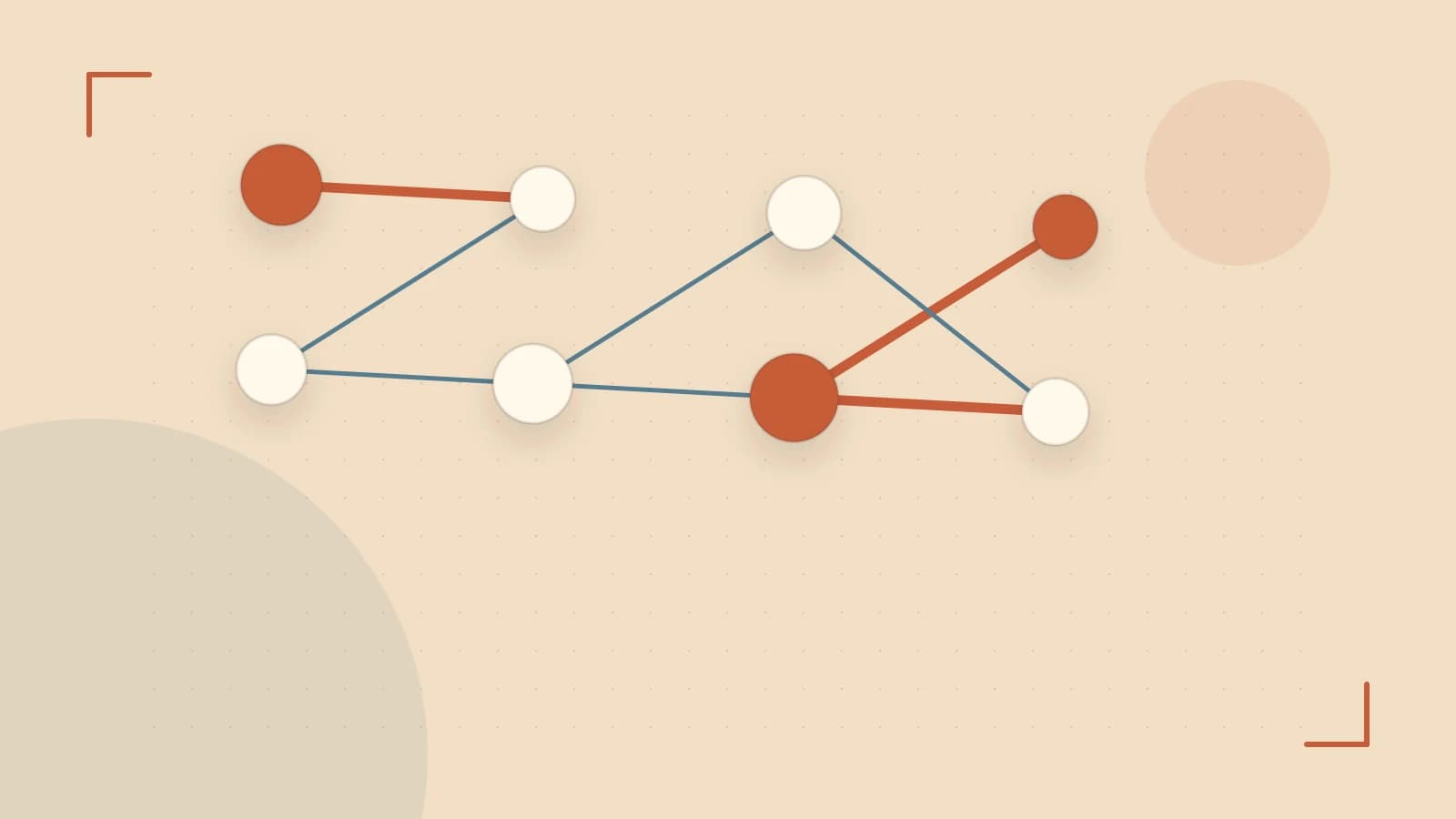 Editorial illustration of an algorithmic node graph with branching paths and a highlighted result