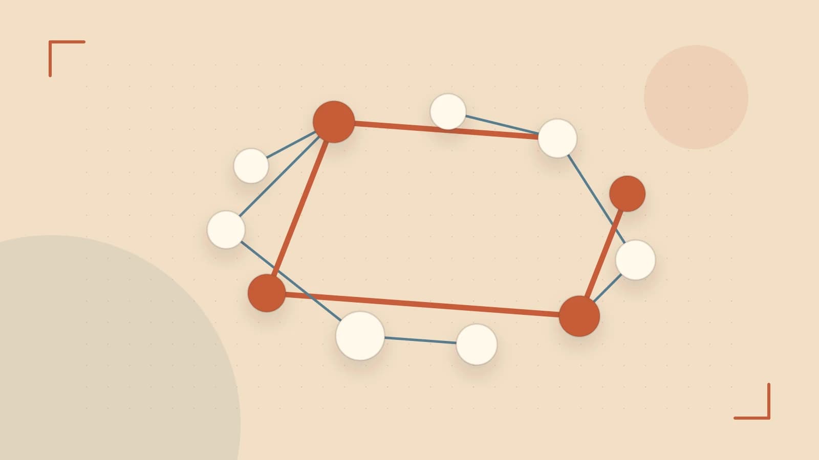 Editorial illustration of an algorithmic node graph with branching paths and a highlighted result
