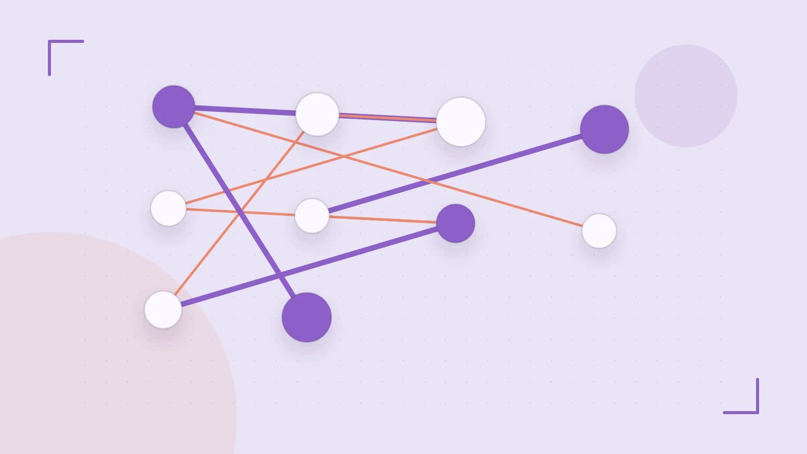 Editorial illustration of an algorithmic node graph with branching paths and a highlighted result