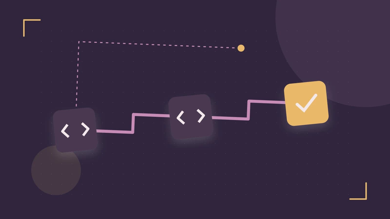 Editorial illustration of a branching build pipeline, staged transformations and a completed check