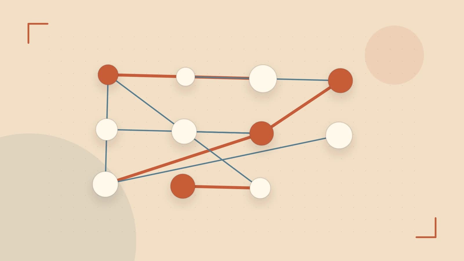 Editorial illustration of an algorithmic node graph with branching paths and a highlighted result