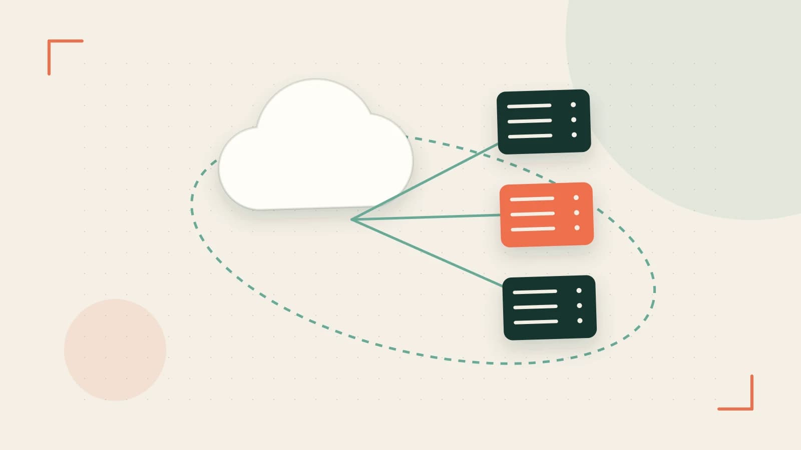 Editorial illustration of cloud infrastructure, connected server racks and an orbital service map