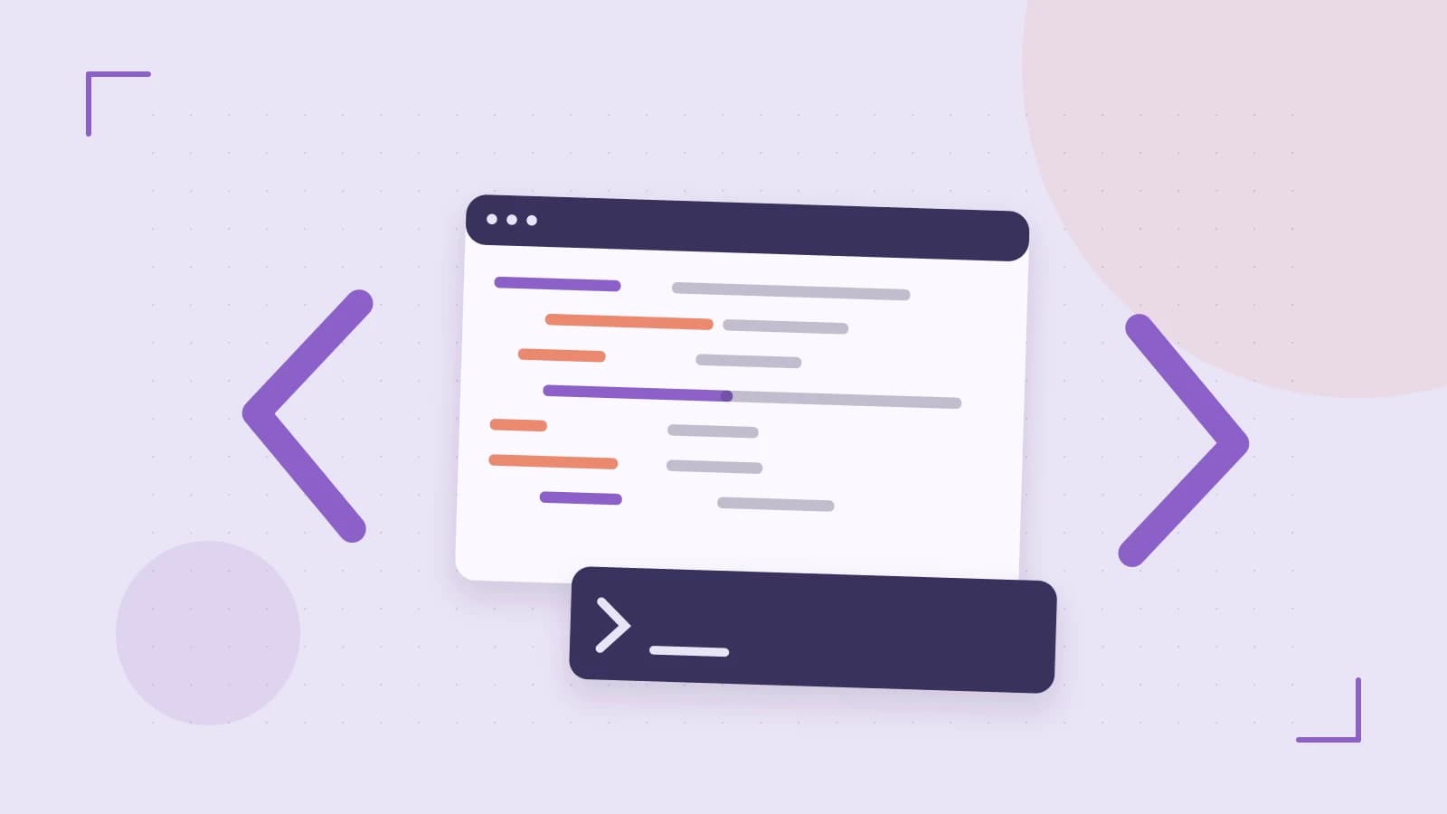Editorial illustration of an abstract code editor, syntax blocks and oversized programming brackets