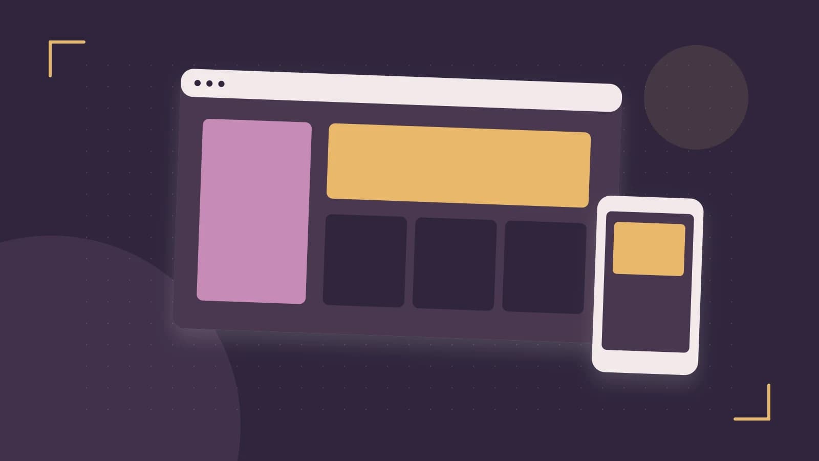 Editorial illustration of responsive browser layouts, overlapping design components and a color system
