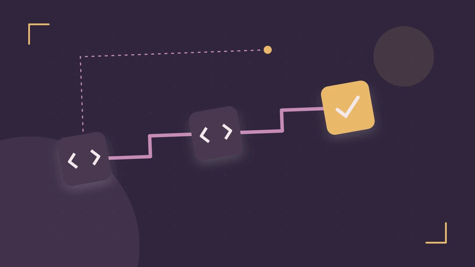 Editorial illustration of a branching build pipeline, staged transformations and a completed check