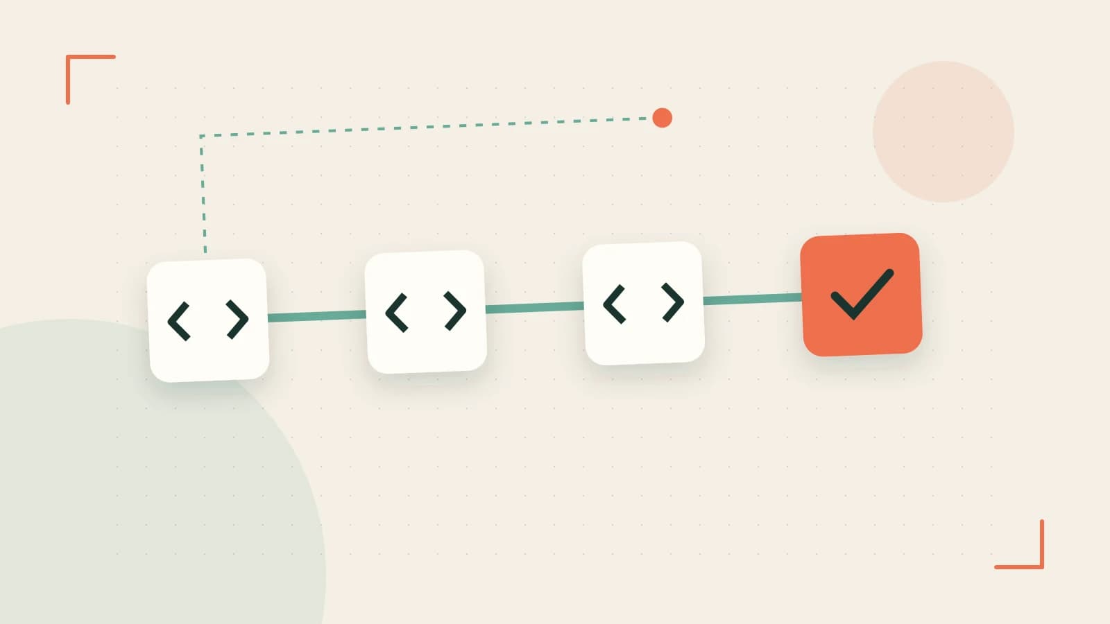 Editorial illustration of a branching build pipeline, staged transformations and a completed check