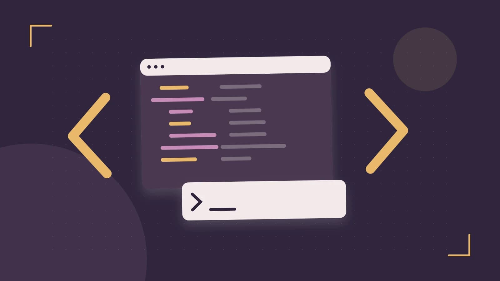 Editorial illustration of an abstract code editor, syntax blocks and oversized programming brackets