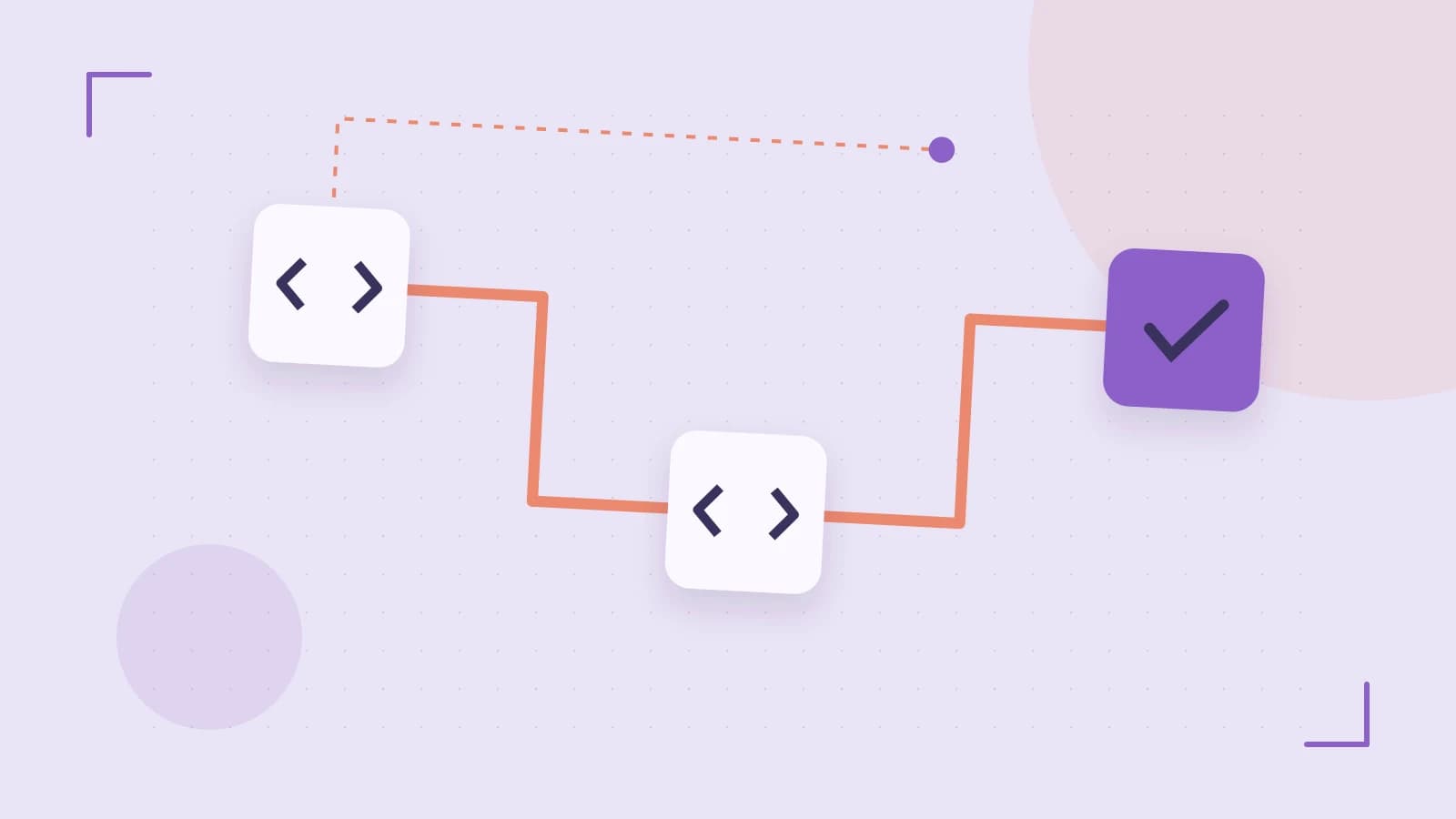 Editorial illustration of a branching build pipeline, staged transformations and a completed check