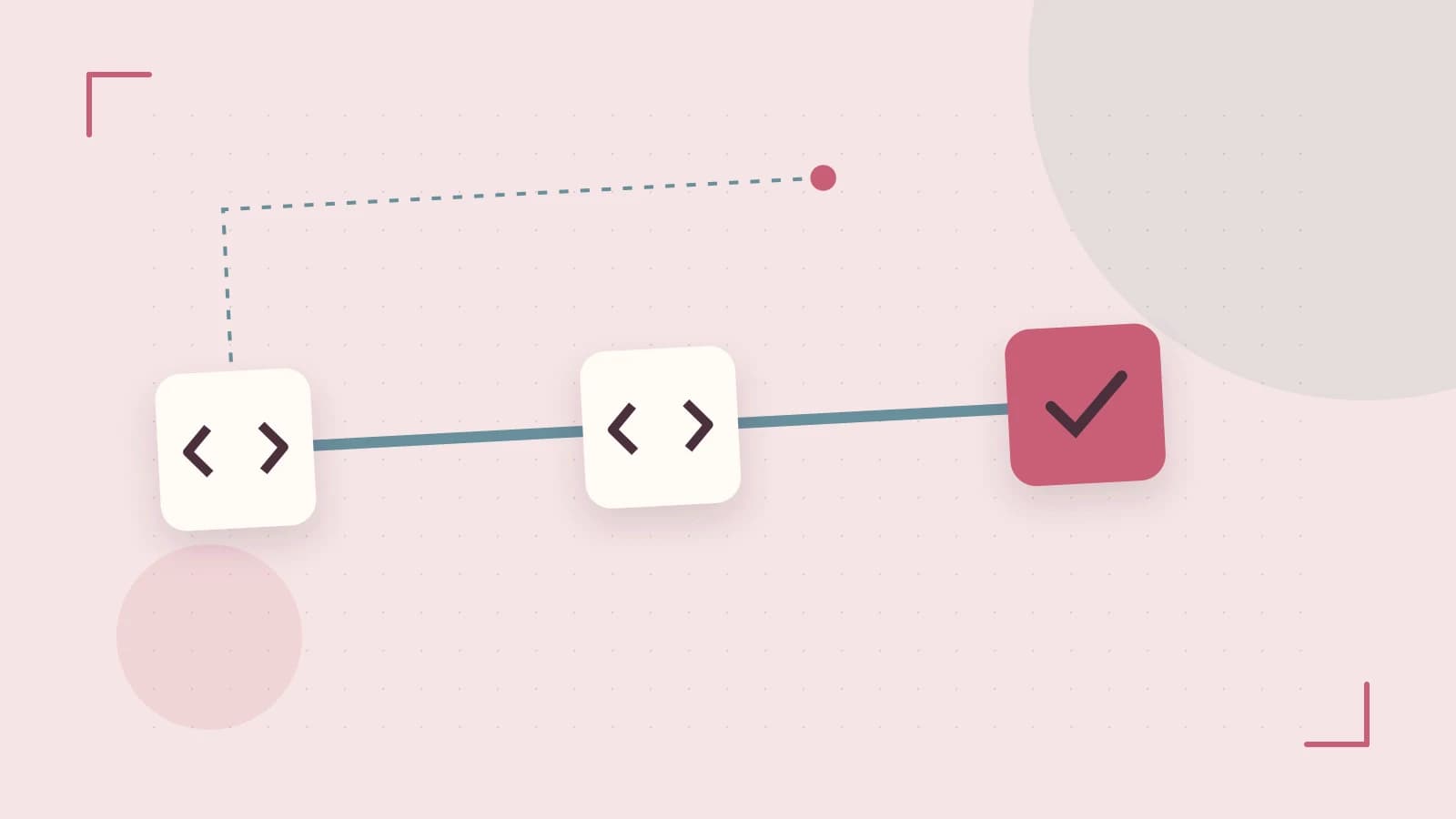 Editorial illustration of a branching build pipeline, staged transformations and a completed check