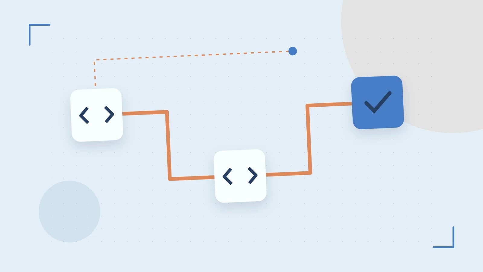 Editorial illustration of a branching build pipeline, staged transformations and a completed check
