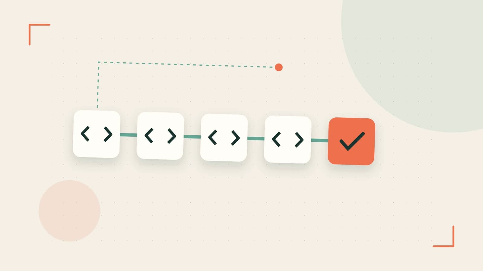 Editorial illustration of a branching build pipeline, staged transformations and a completed check