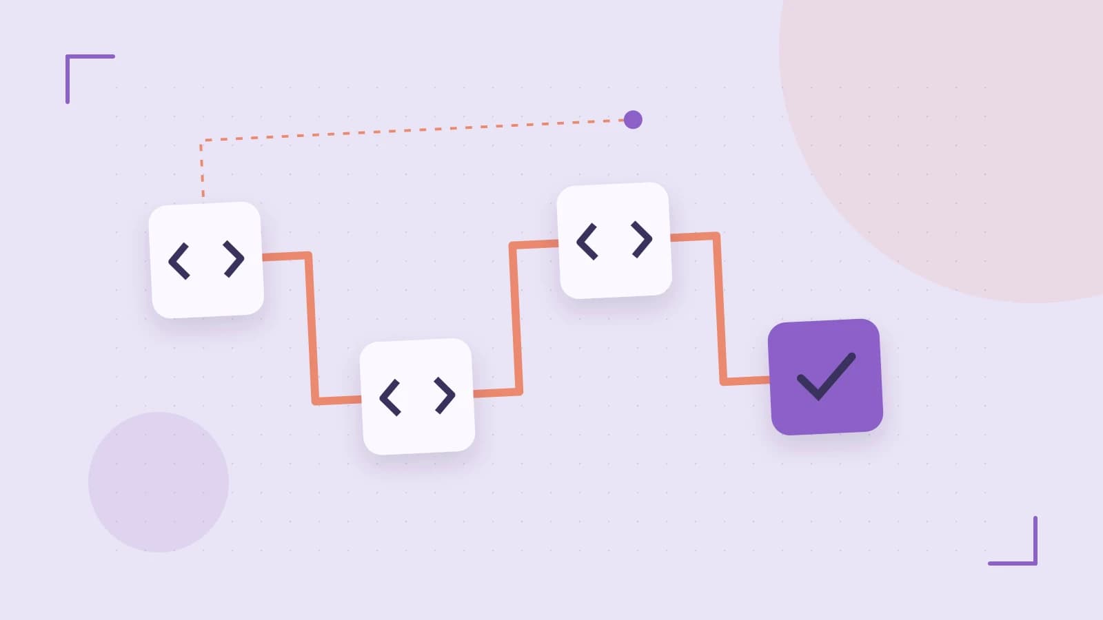 Editorial illustration of a branching build pipeline, staged transformations and a completed check