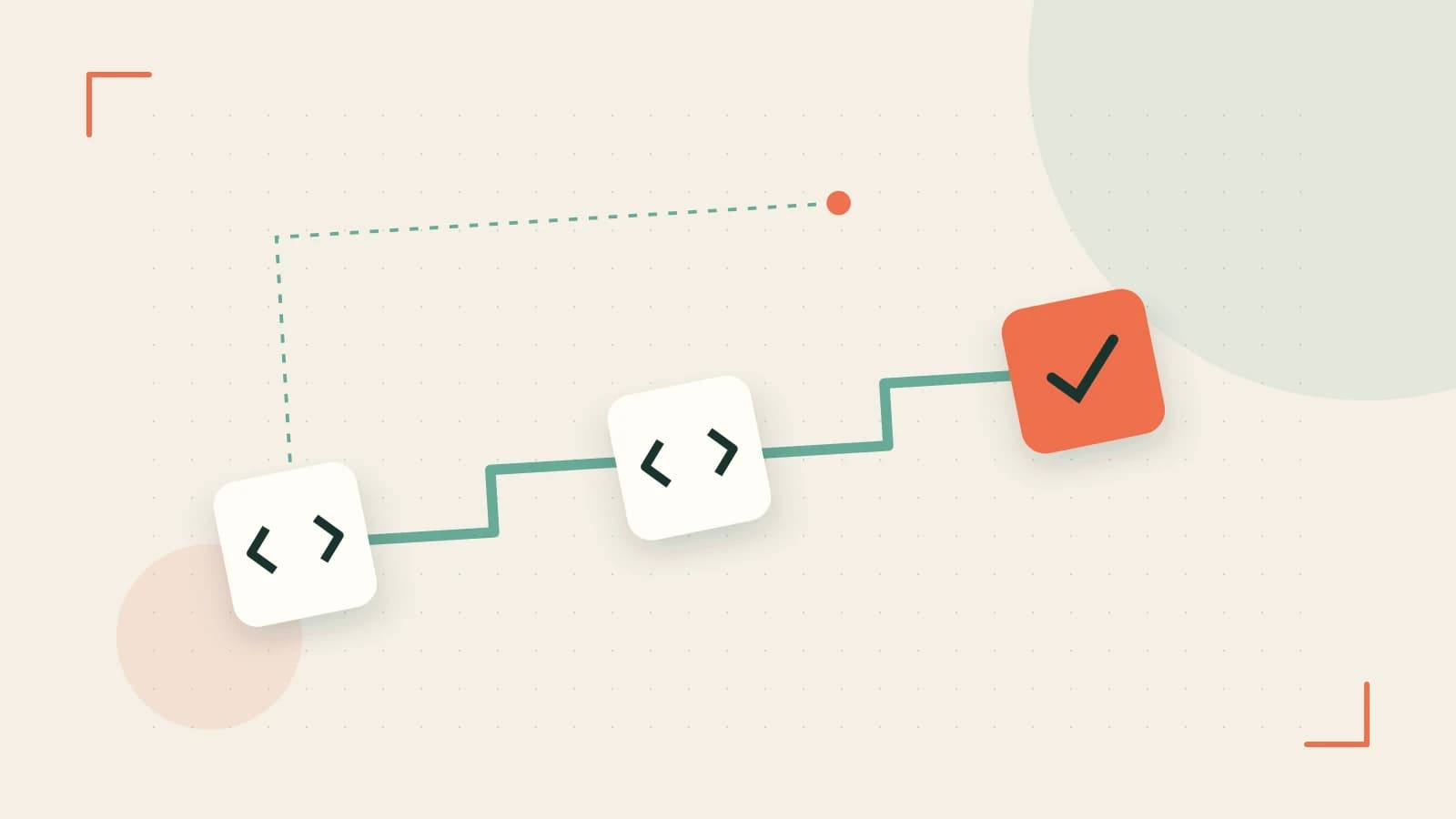 Editorial illustration of a branching build pipeline, staged transformations and a completed check