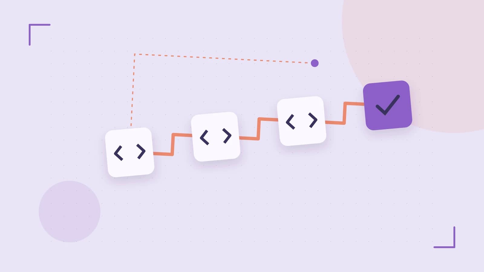 Editorial illustration of a branching build pipeline, staged transformations and a completed check