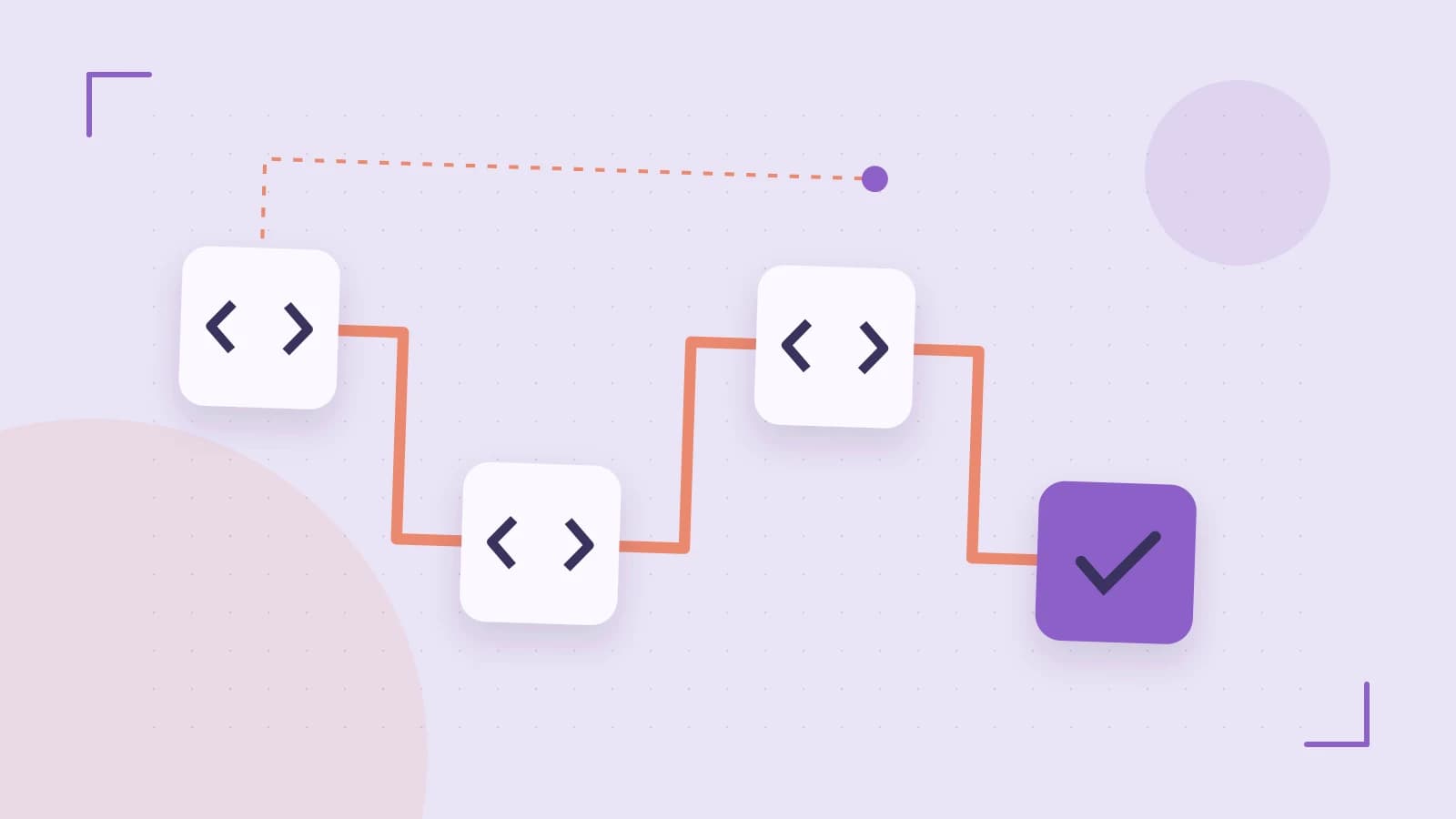 Editorial illustration of a branching build pipeline, staged transformations and a completed check
