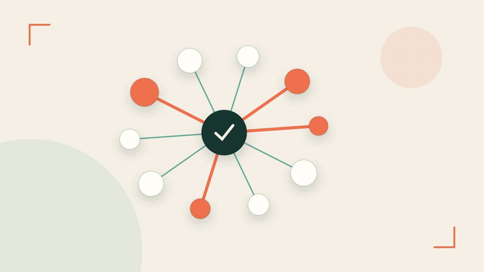 Editorial illustration of an algorithmic node graph with branching paths and a highlighted result