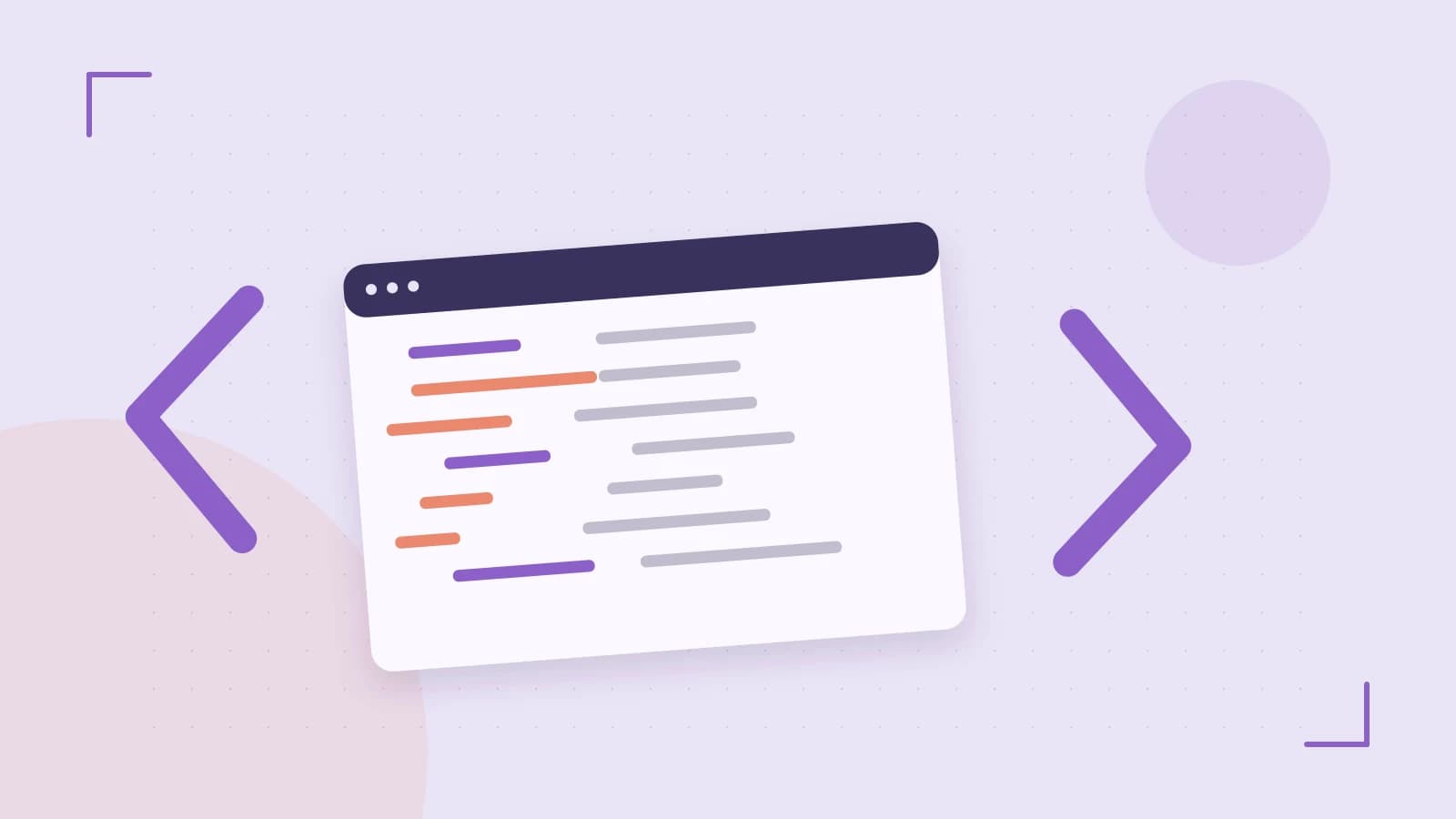 Editorial illustration of an abstract code editor, syntax blocks and oversized programming brackets