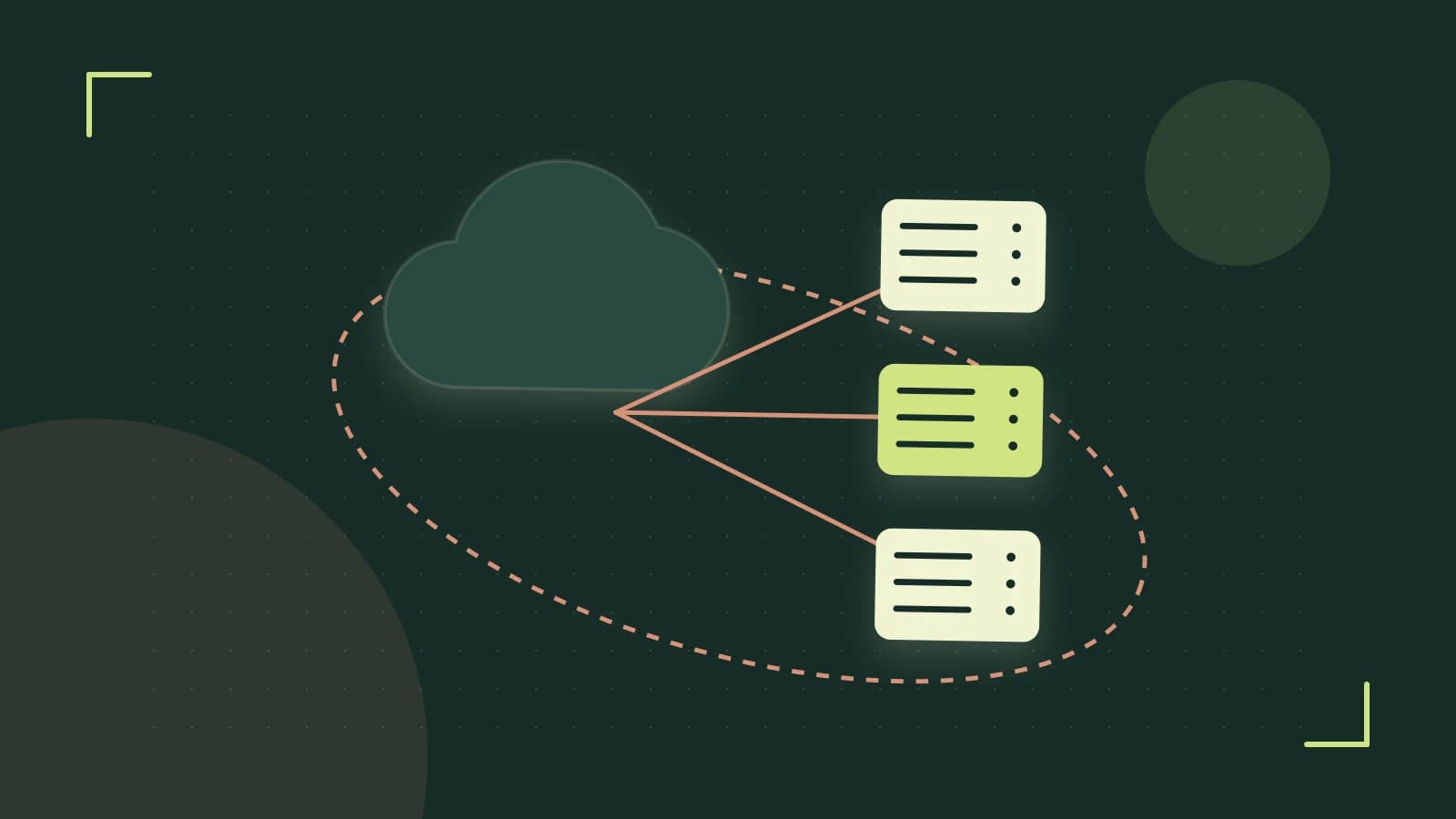 Editorial illustration of cloud infrastructure, connected server racks and an orbital service map