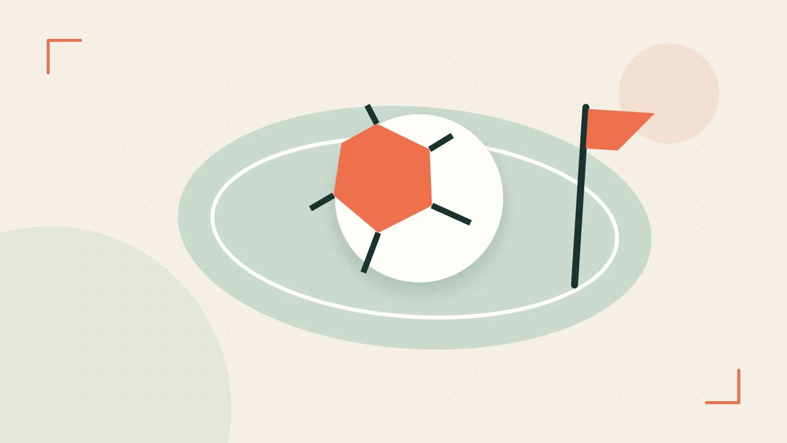 Editorial illustration of a stylized sports ball, stadium geometry and dynamic arcs