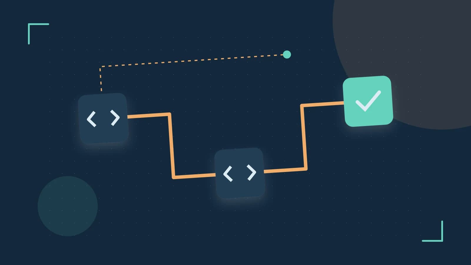 Editorial illustration of a branching build pipeline, staged transformations and a completed check