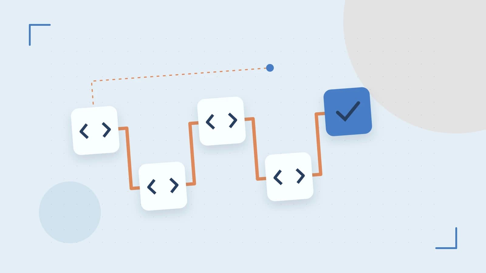 Editorial illustration of a branching build pipeline, staged transformations and a completed check