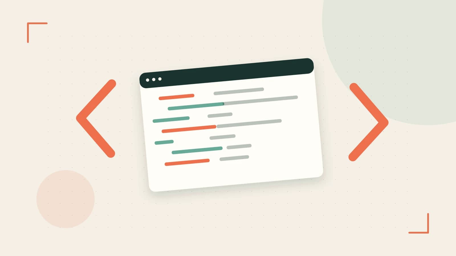Editorial illustration of an abstract code editor, syntax blocks and oversized programming brackets