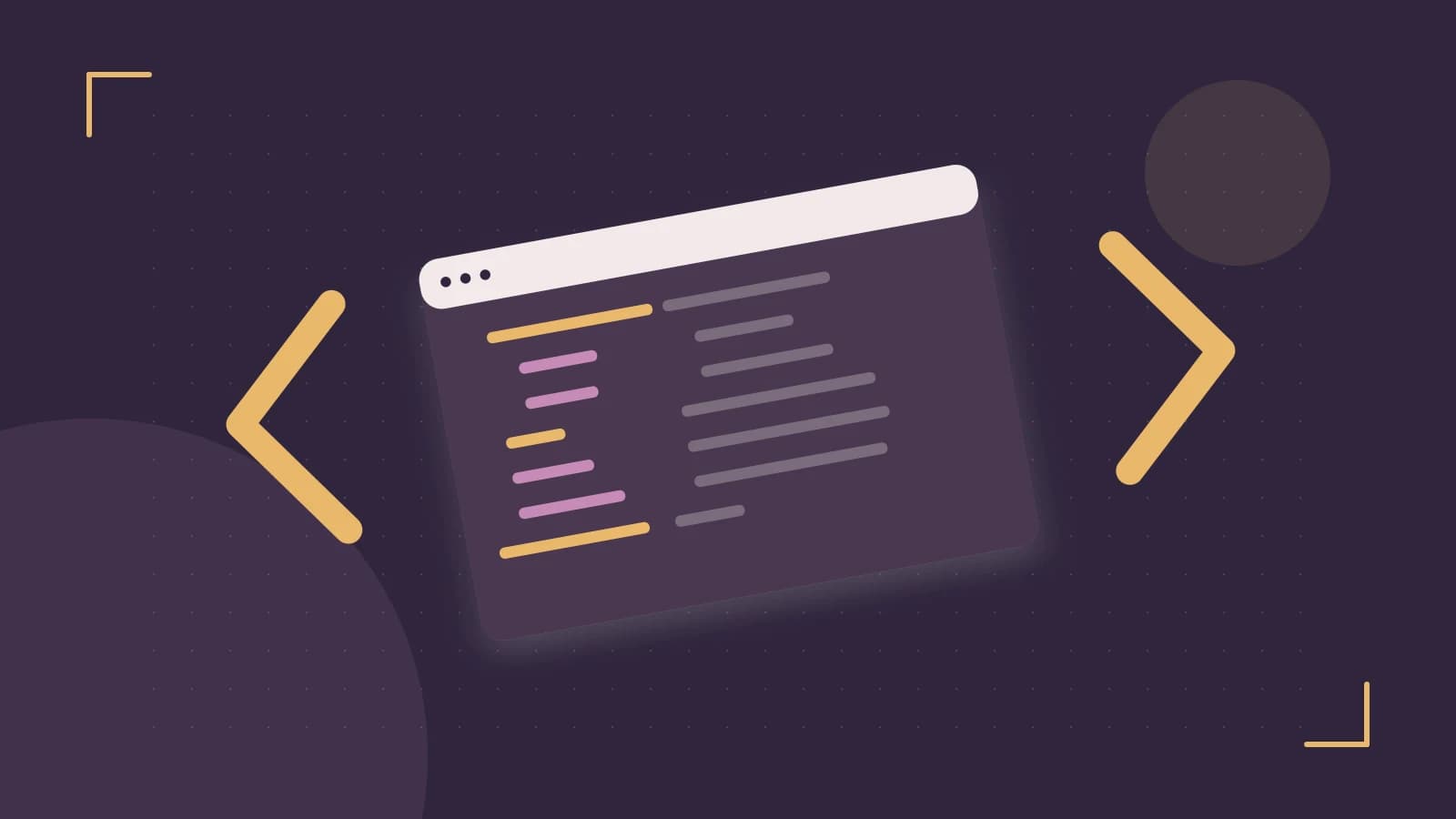 Editorial illustration of an abstract code editor, syntax blocks and oversized programming brackets