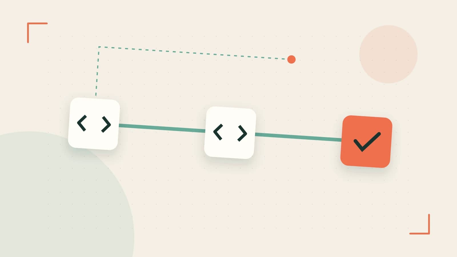 Editorial illustration of a branching build pipeline, staged transformations and a completed check