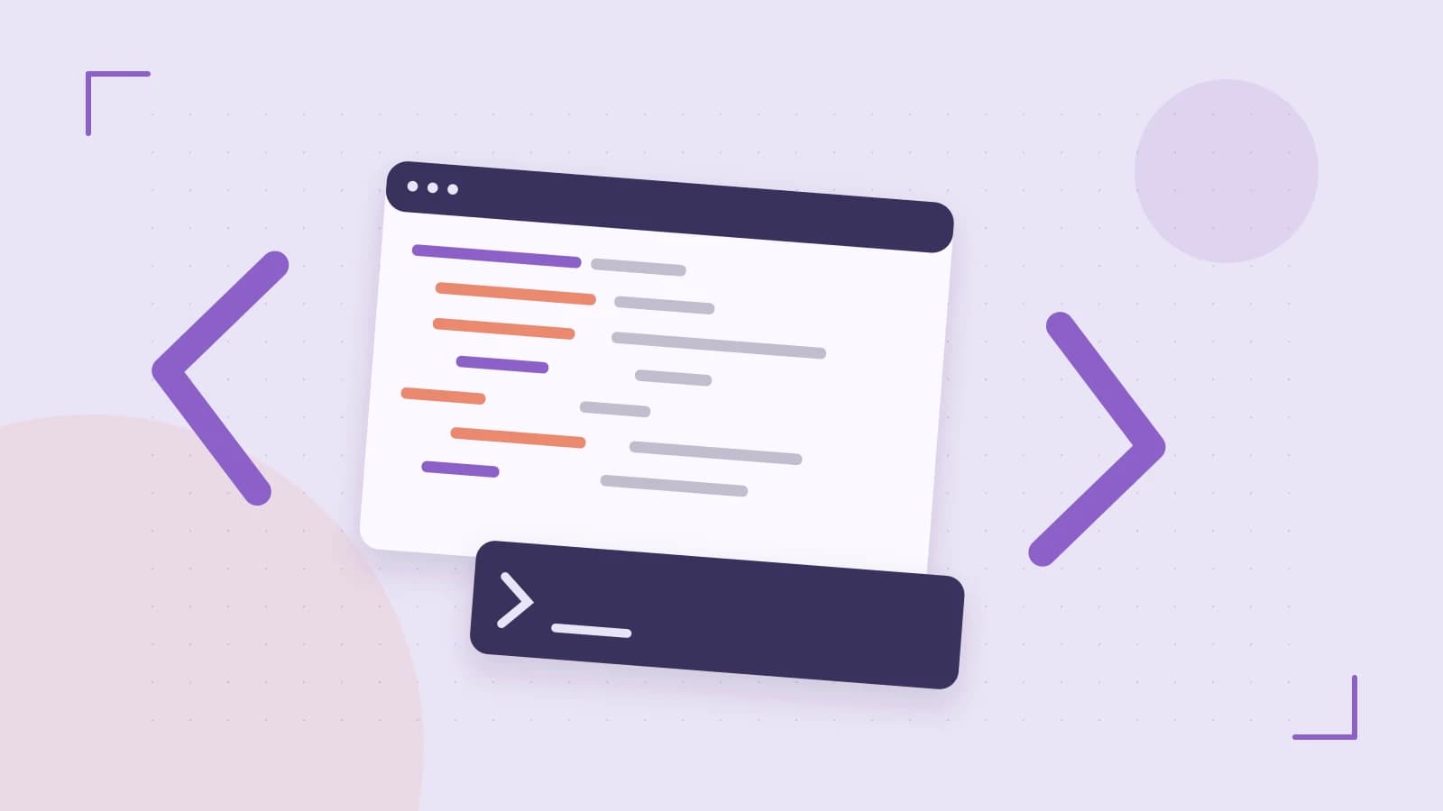 Editorial illustration of an abstract code editor, syntax blocks and oversized programming brackets