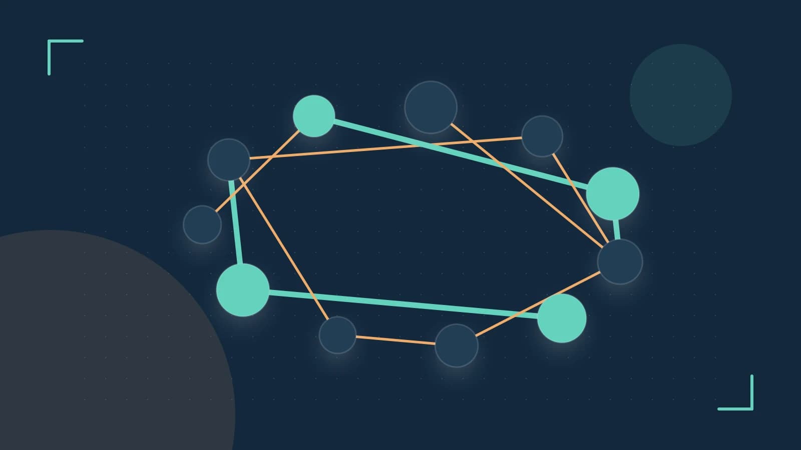 Editorial illustration of an algorithmic node graph with branching paths and a highlighted result
