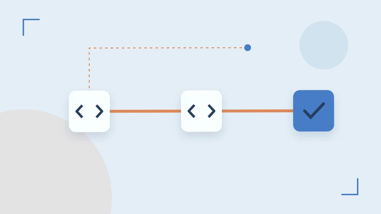 Editorial illustration of a branching build pipeline, staged transformations and a completed check