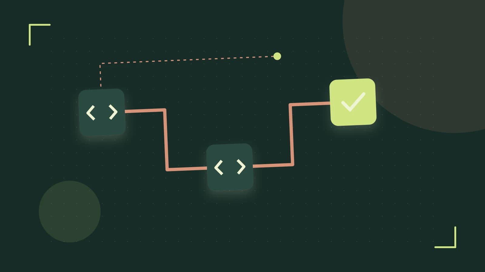 Editorial illustration of a branching build pipeline, staged transformations and a completed check