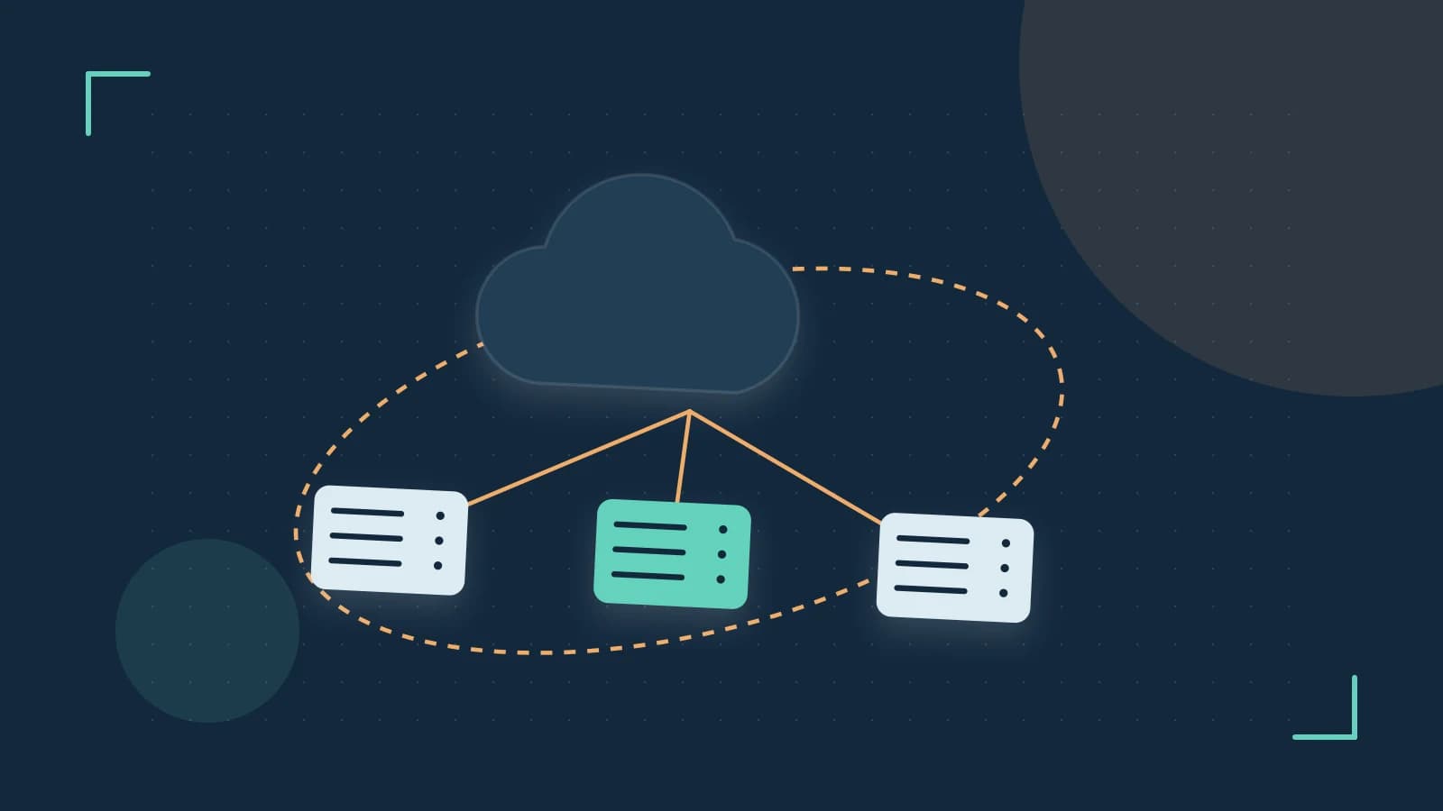 Editorial illustration of cloud infrastructure, connected server racks and an orbital service map