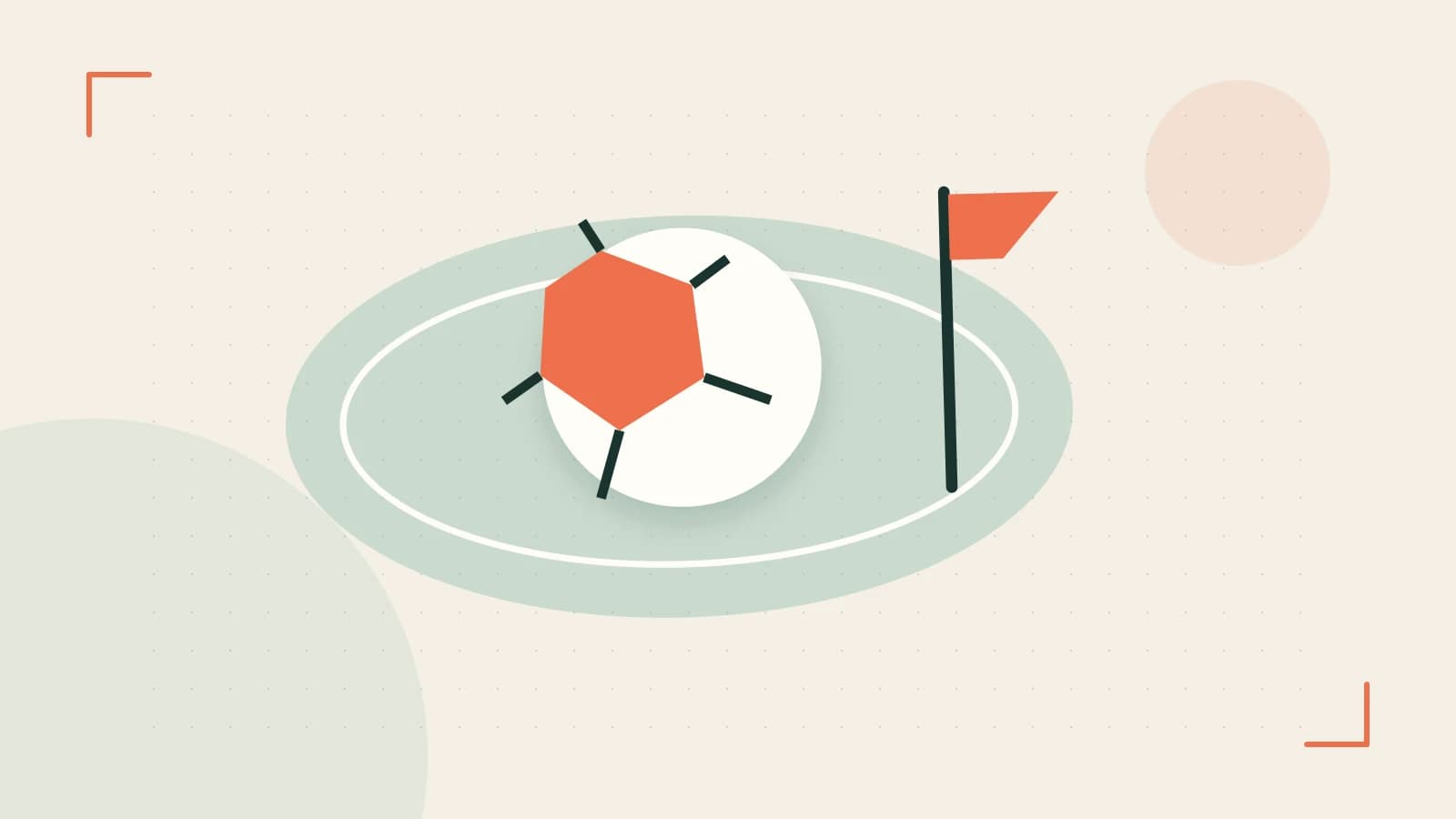 Editorial illustration of a stylized sports ball, stadium geometry and dynamic arcs