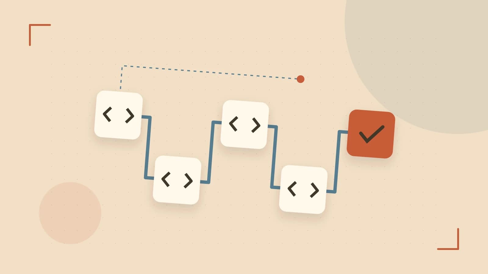 Editorial illustration of a branching build pipeline, staged transformations and a completed check
