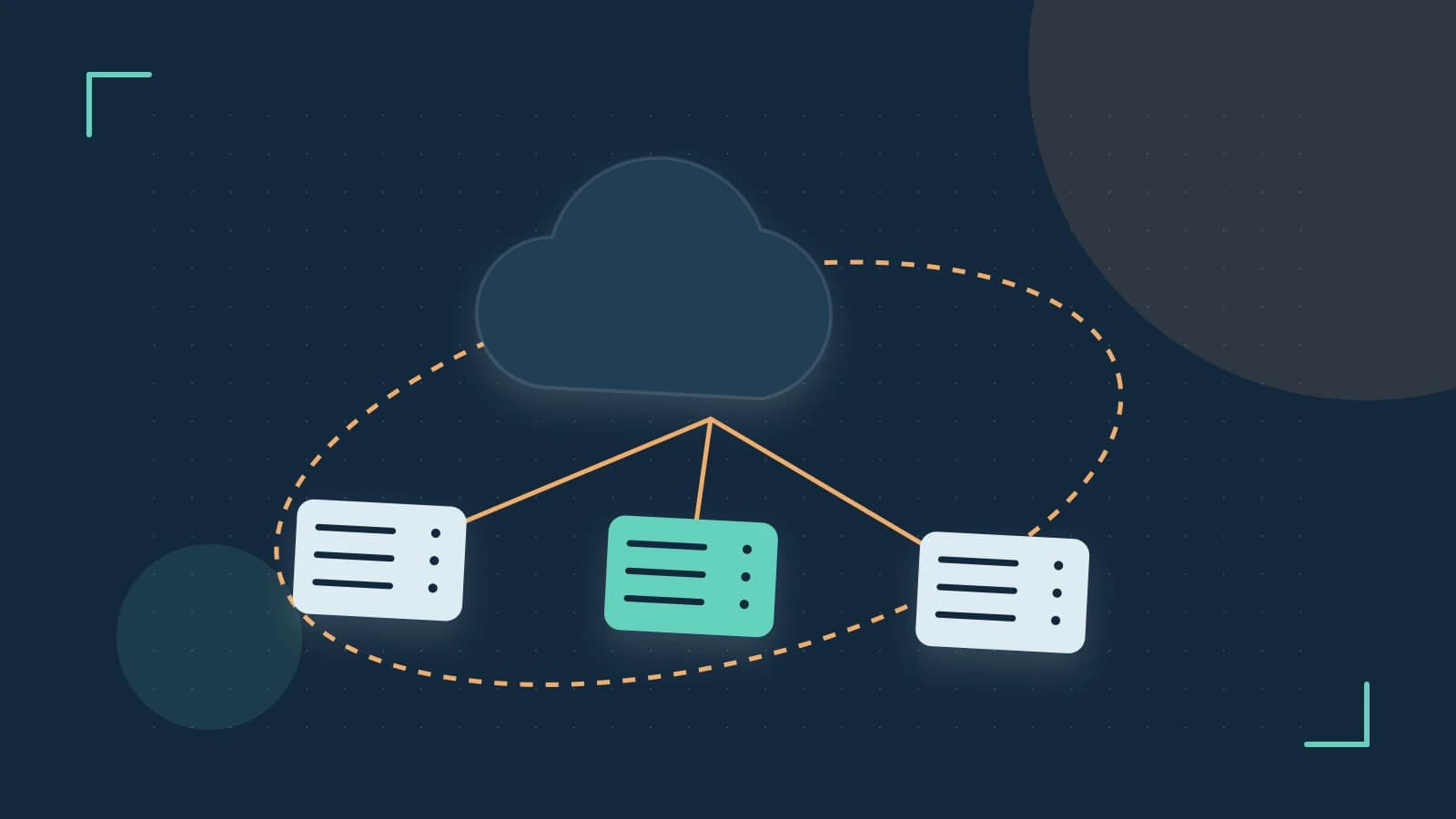 Editorial illustration of cloud infrastructure, connected server racks and an orbital service map