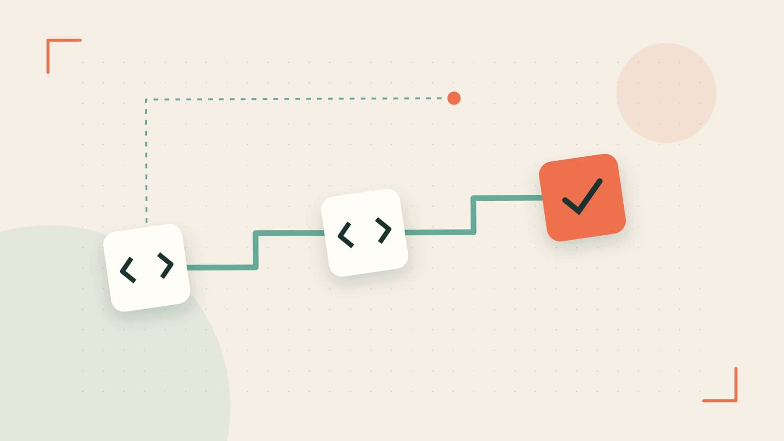 Editorial illustration of a branching build pipeline, staged transformations and a completed check