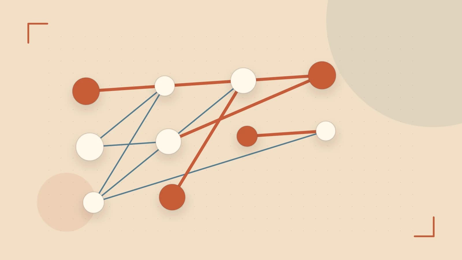 Editorial illustration of an algorithmic node graph with branching paths and a highlighted result