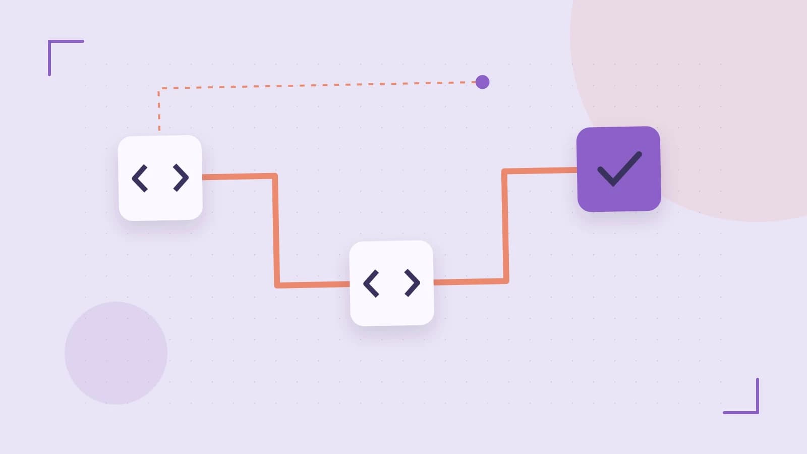 Editorial illustration of a branching build pipeline, staged transformations and a completed check