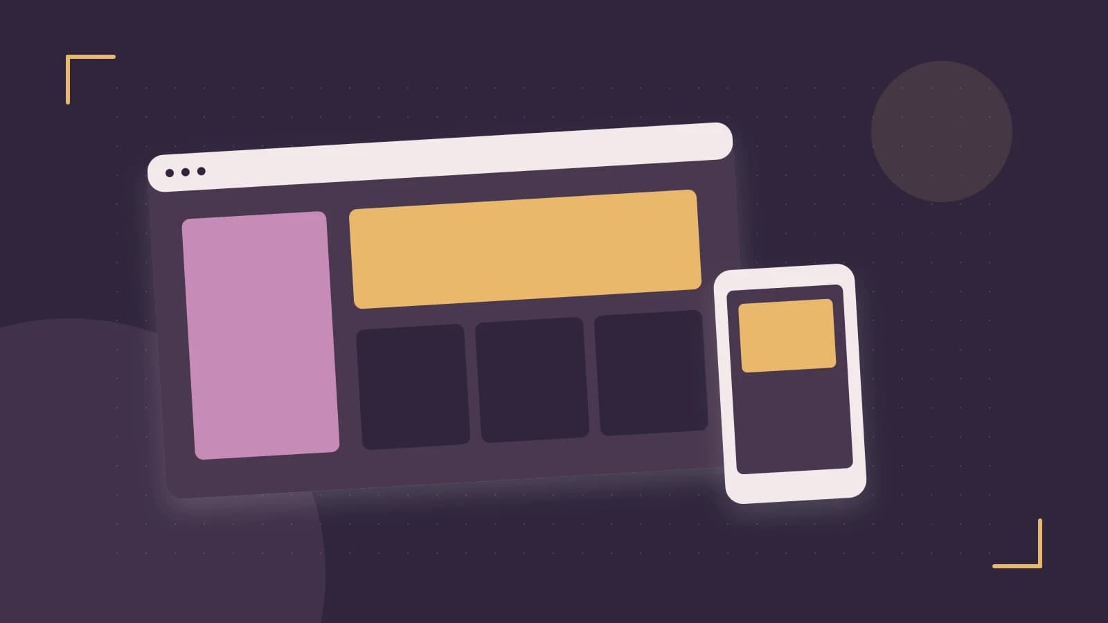 Editorial illustration of responsive browser layouts, overlapping design components and a color system