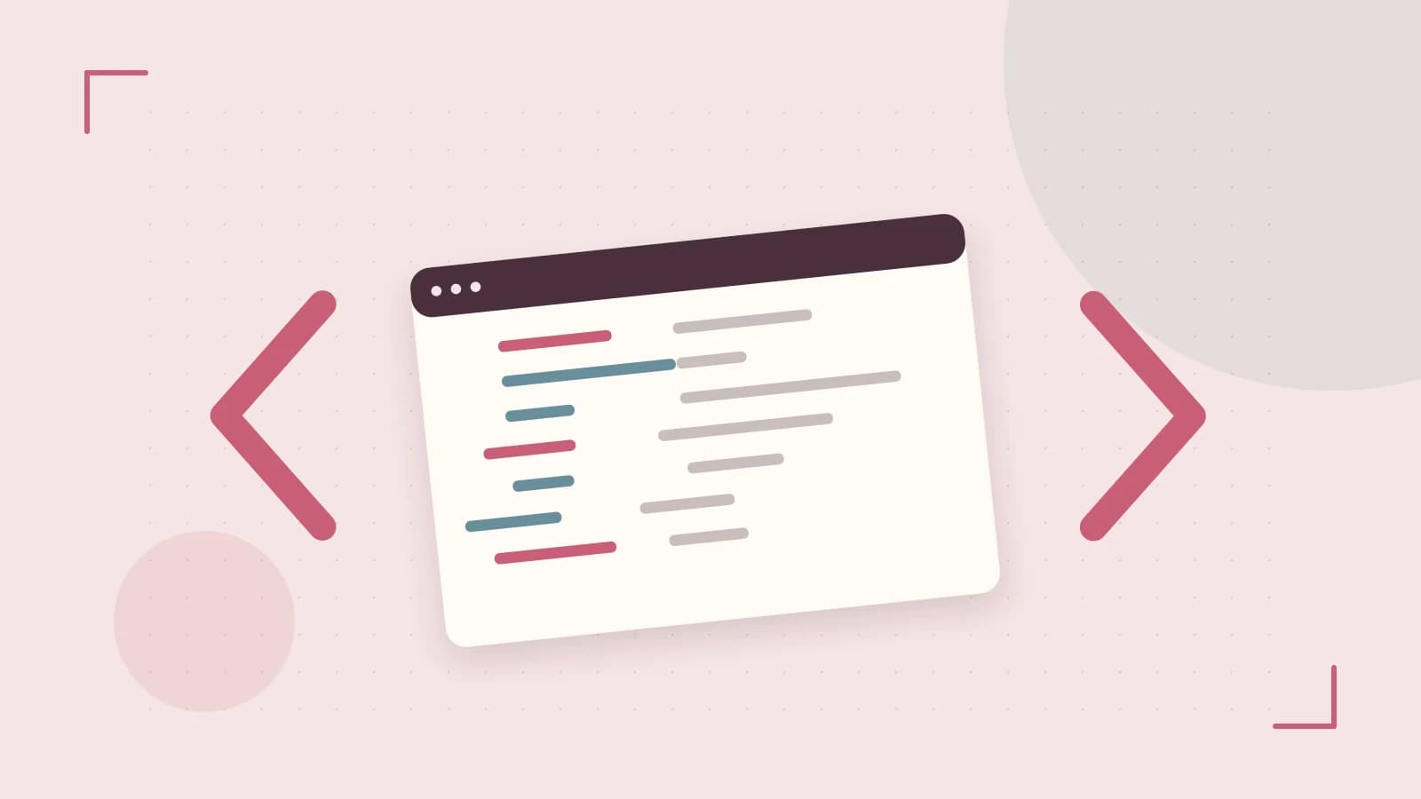 Editorial illustration of an abstract code editor, syntax blocks and oversized programming brackets