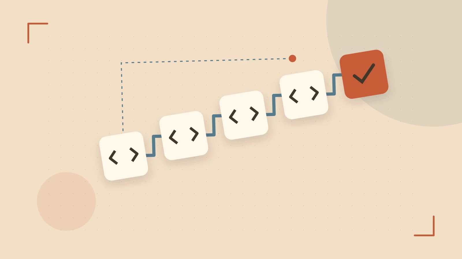 Editorial illustration of a branching build pipeline, staged transformations and a completed check