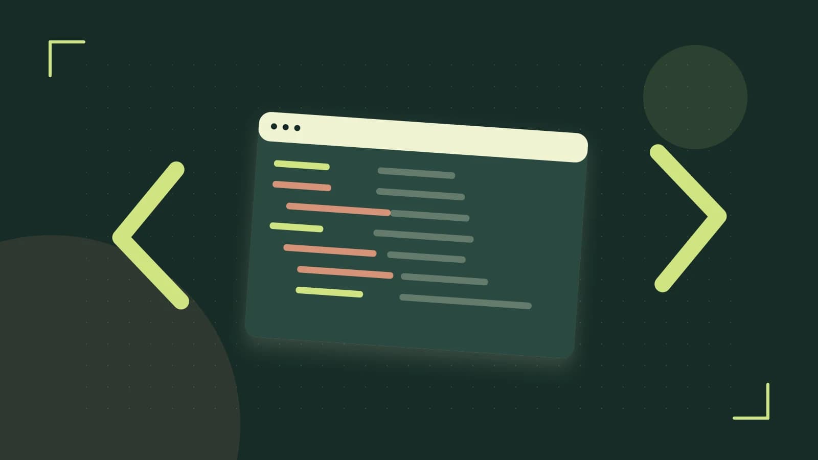 Editorial illustration of an abstract code editor, syntax blocks and oversized programming brackets