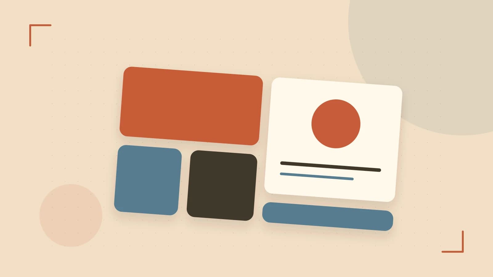 Editorial illustration of responsive browser layouts, overlapping design components and a color system