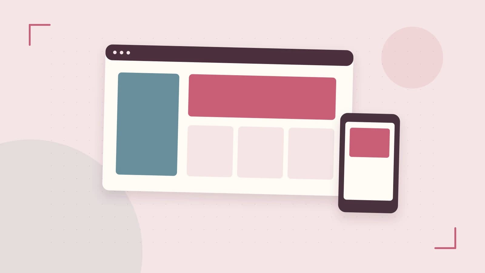 Editorial illustration of responsive browser layouts, overlapping design components and a color system