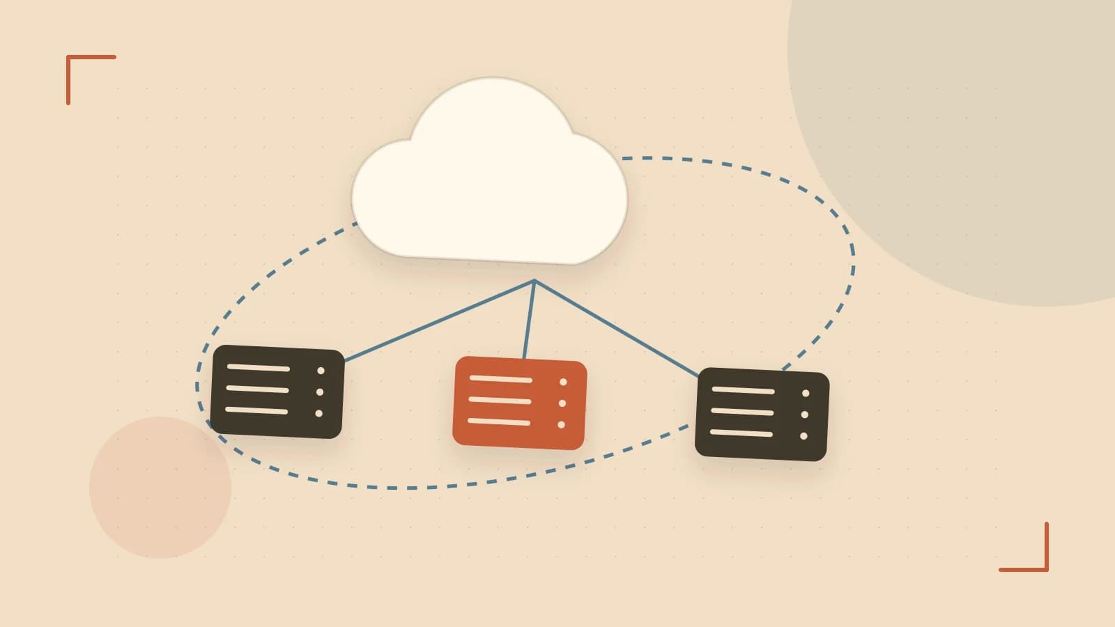 Editorial illustration of cloud infrastructure, connected server racks and an orbital service map