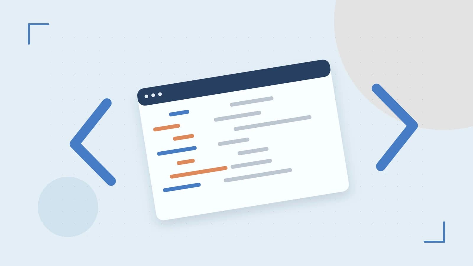 Editorial illustration of an abstract code editor, syntax blocks and oversized programming brackets