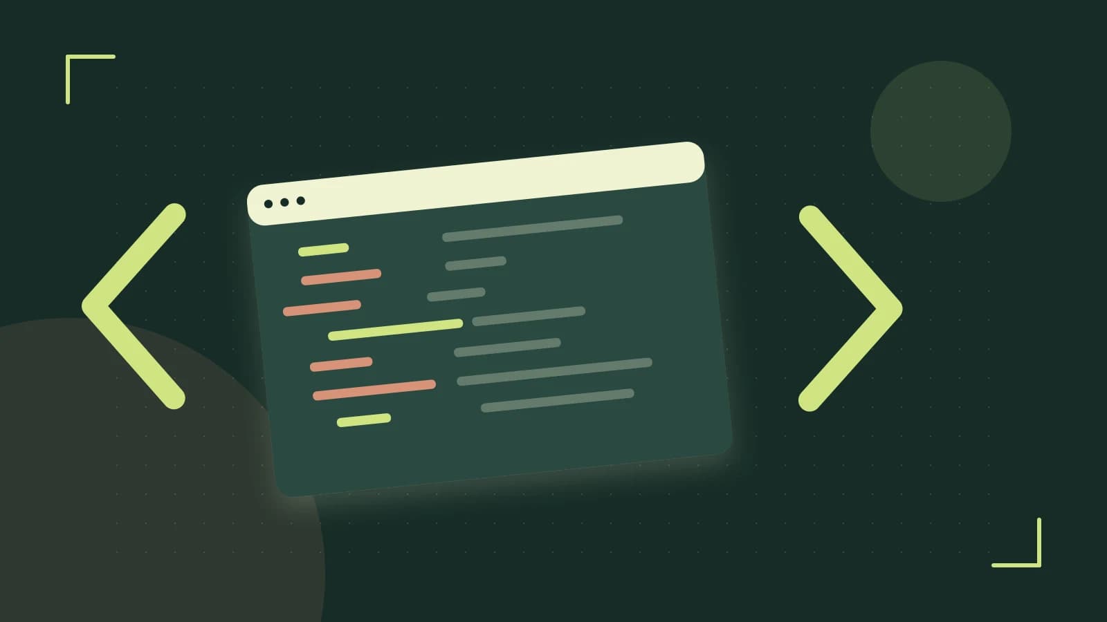 Editorial illustration of an abstract code editor, syntax blocks and oversized programming brackets