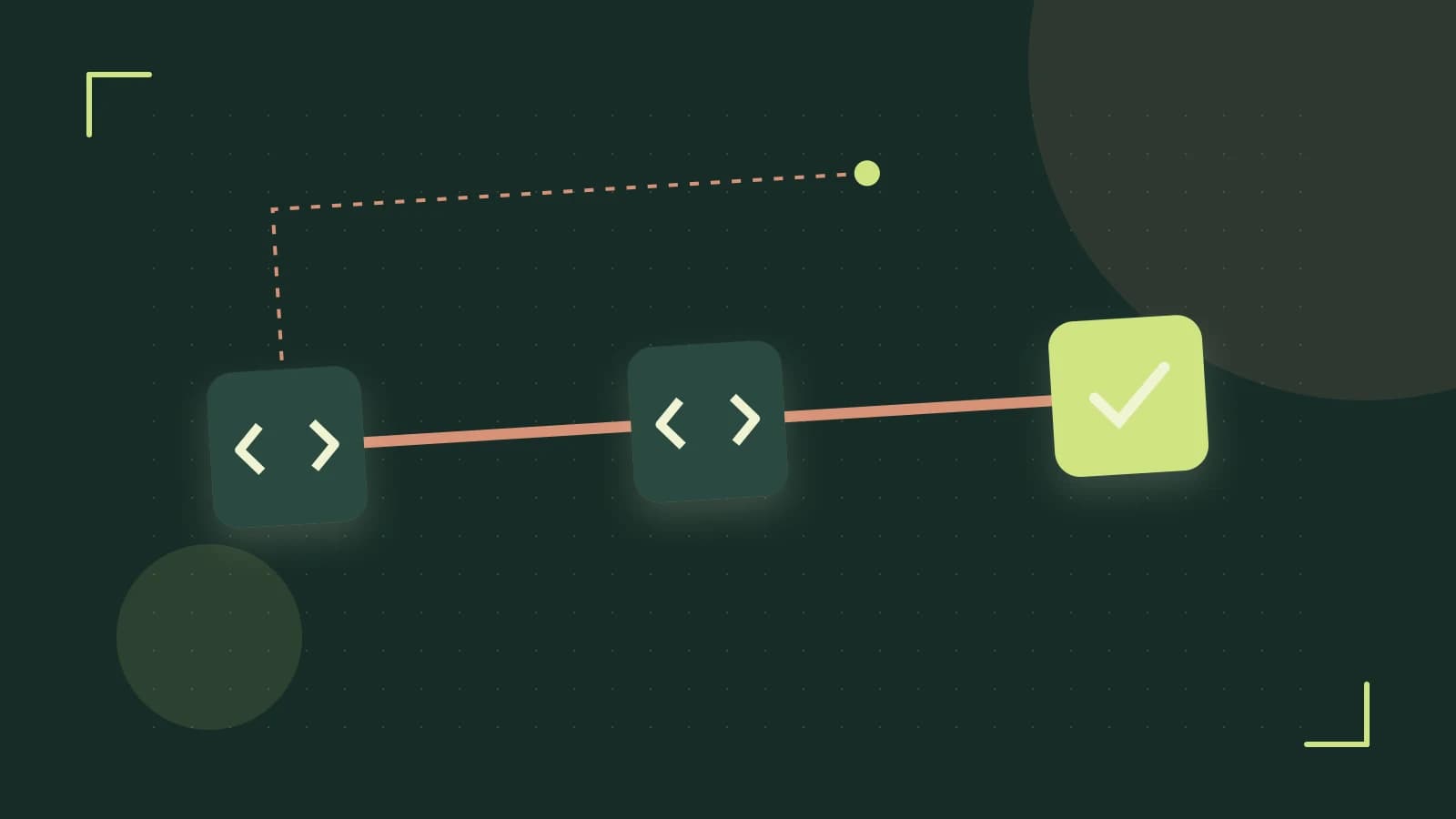 Editorial illustration of a branching build pipeline, staged transformations and a completed check