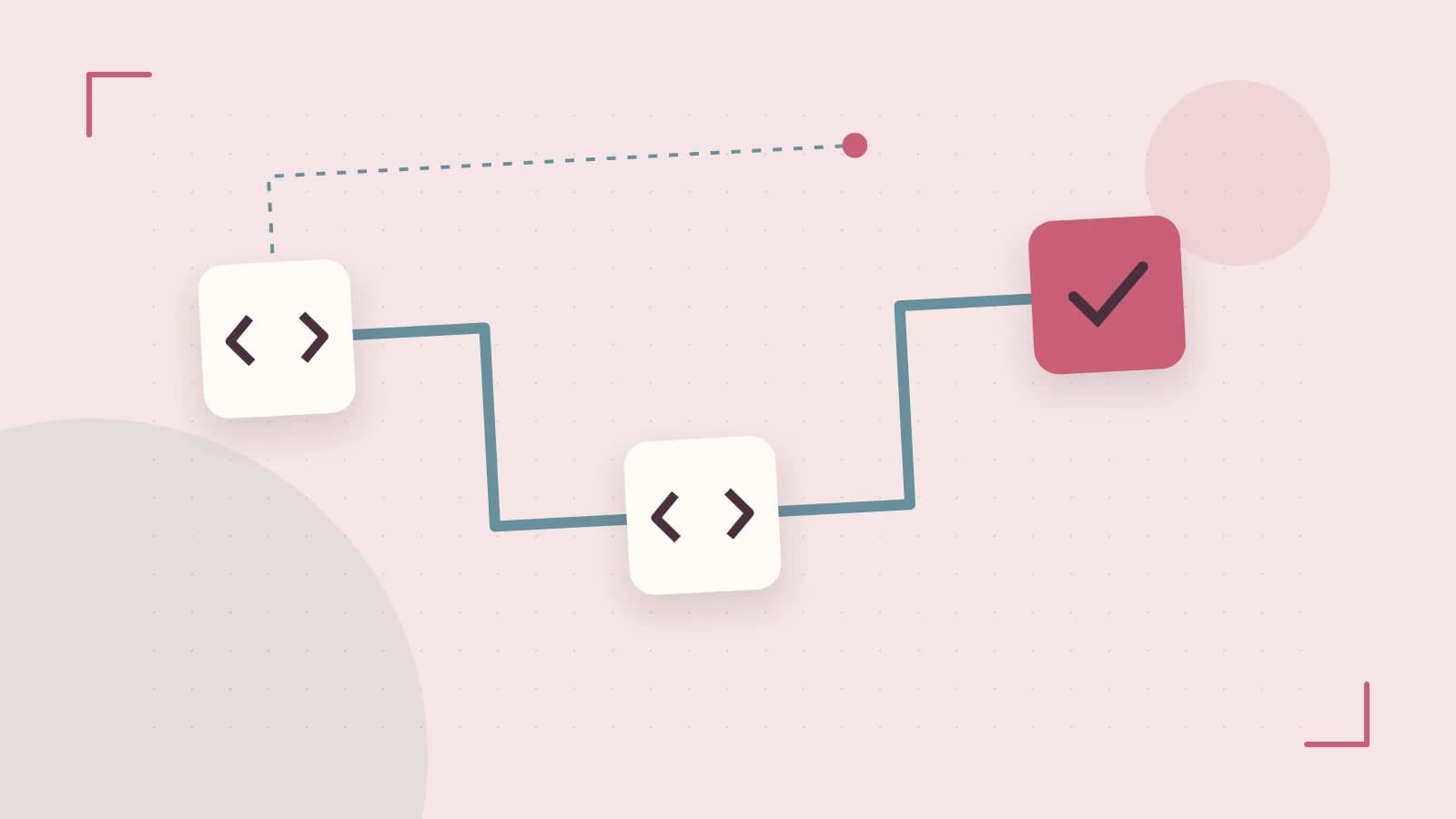 Editorial illustration of a branching build pipeline, staged transformations and a completed check